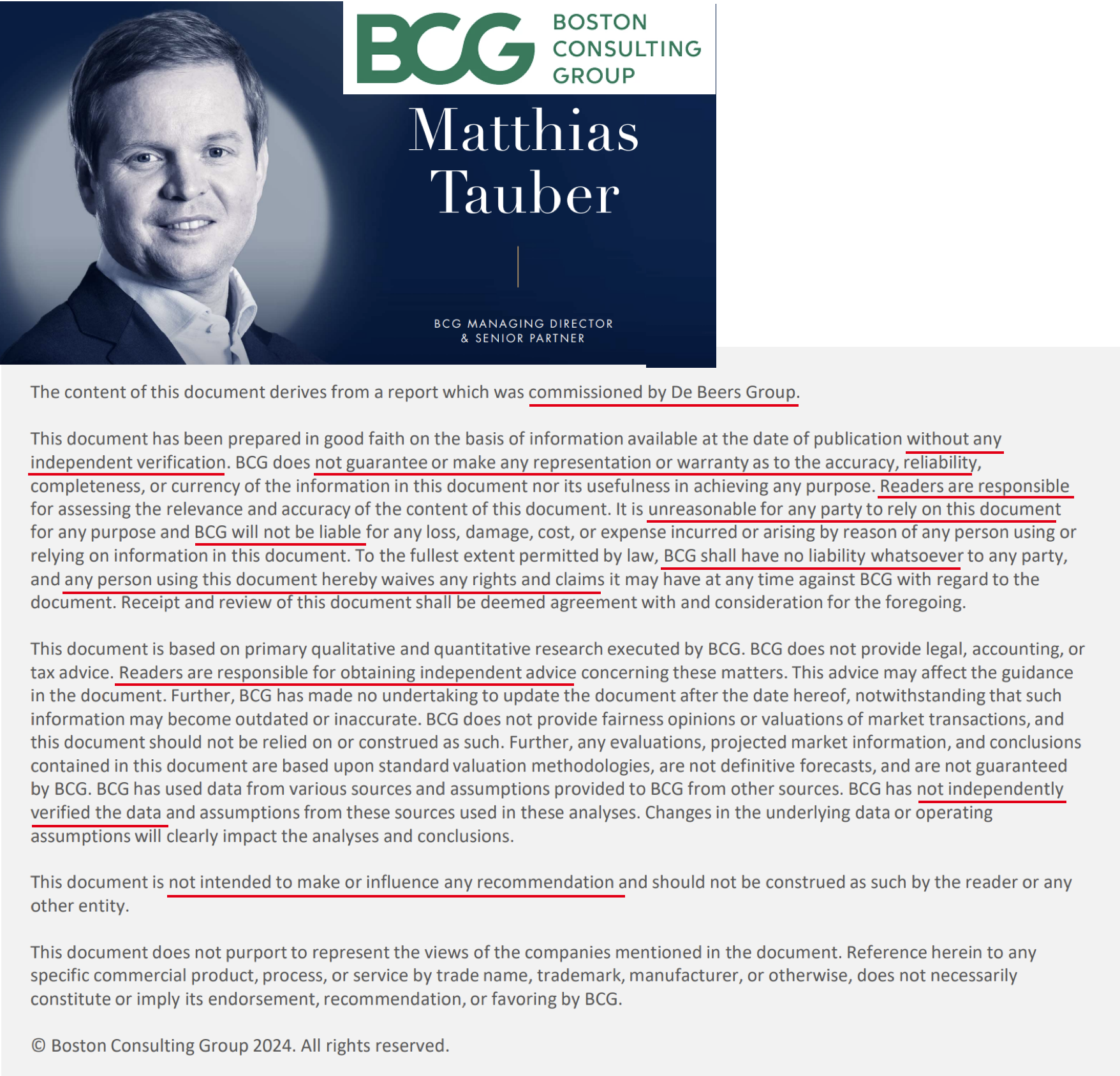 Composite of a BCG portrait graphic labeled Matthias Tauber and a report disclaimer with passages underlined in red.